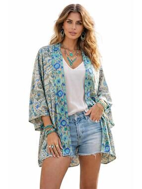 Soft Surroundings Kimono S/M Blue Paisley Embroidered Open Front Boho